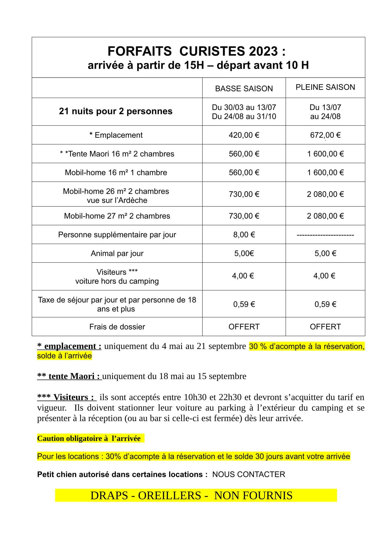 TARIFS CURISTE 2024